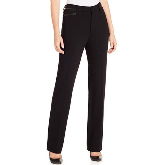 NYDJ Pants - NYDJ Marilyn Straight Leg Pants in Black with Faux Leather Trim Size 8